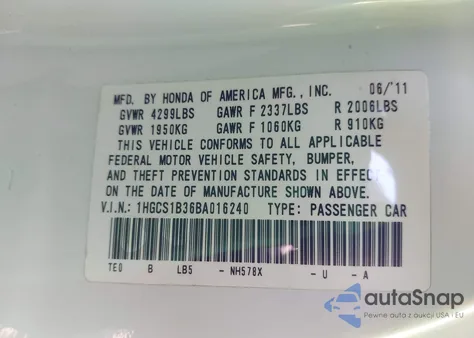 2011 Honda Accord 2.4 Lx-S from USA, damaged, VIN 1HGCS1B36BA016240